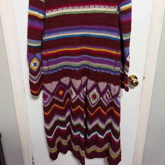 Stripped, chevron, and granny square long multi-coloured crochet cardigan - Picture 6 of 16